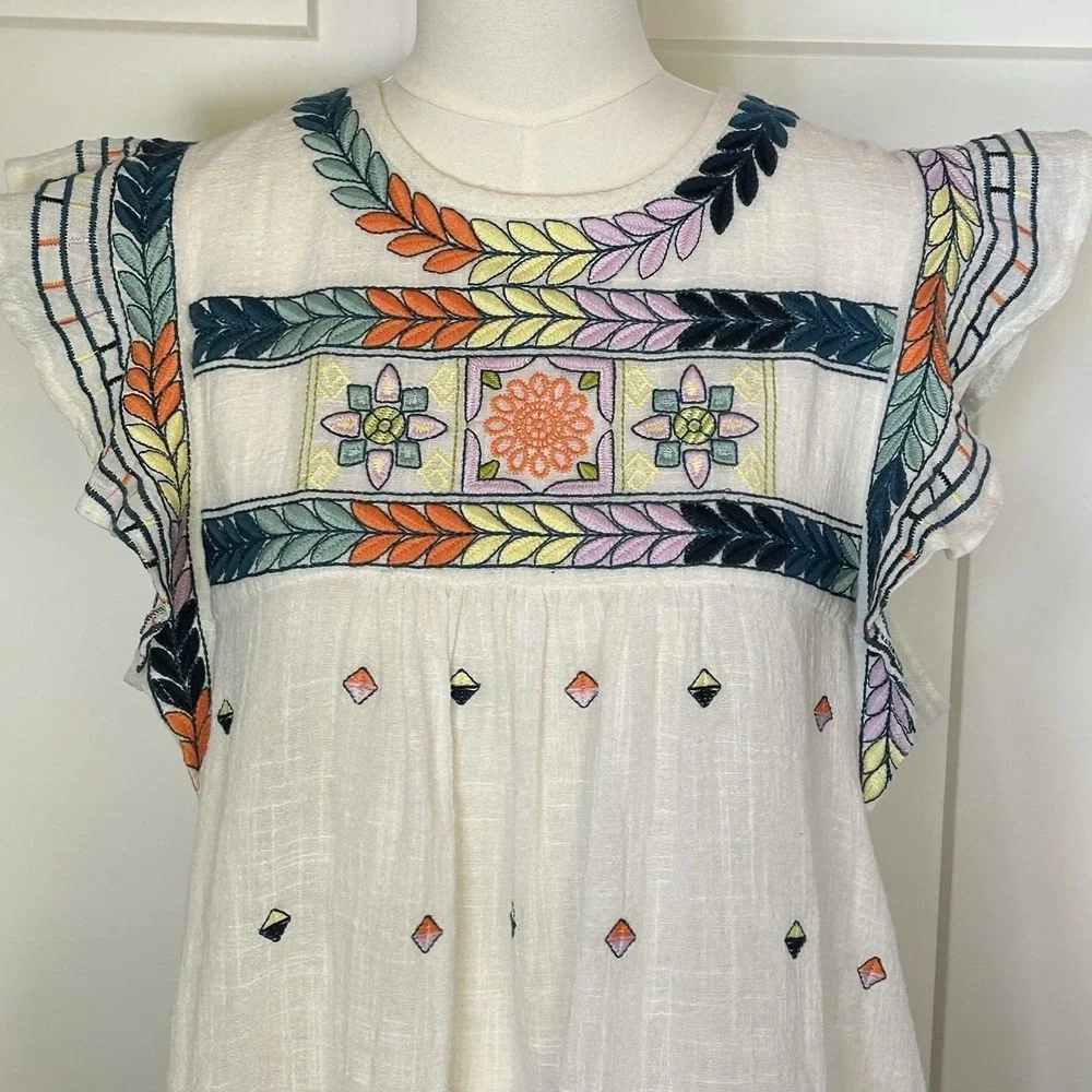 En Créme Embroidered Blouse - Women's LARGE- Flutter Sleeves Boho Cottagecore - Picture 3 of 9